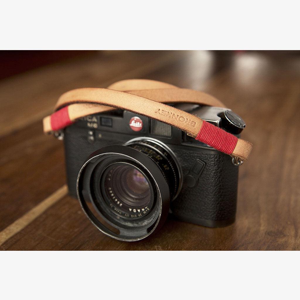 Tokyo #103 - Tanned &amp; Red leather camera strap - Handmade Bronkey Premium Goods ®