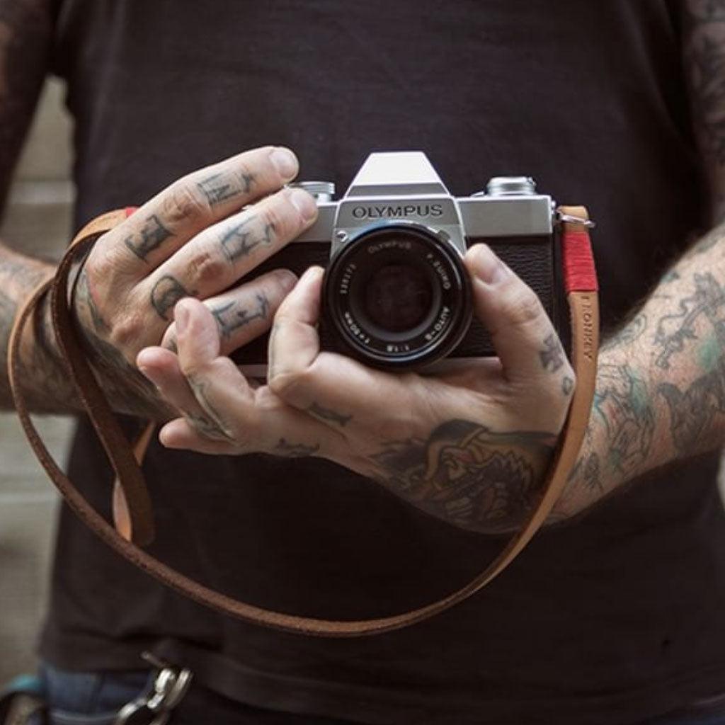 Tokyo #103 - Tanned &amp; Red leather camera strap - Handmade Bronkey Premium Goods ®